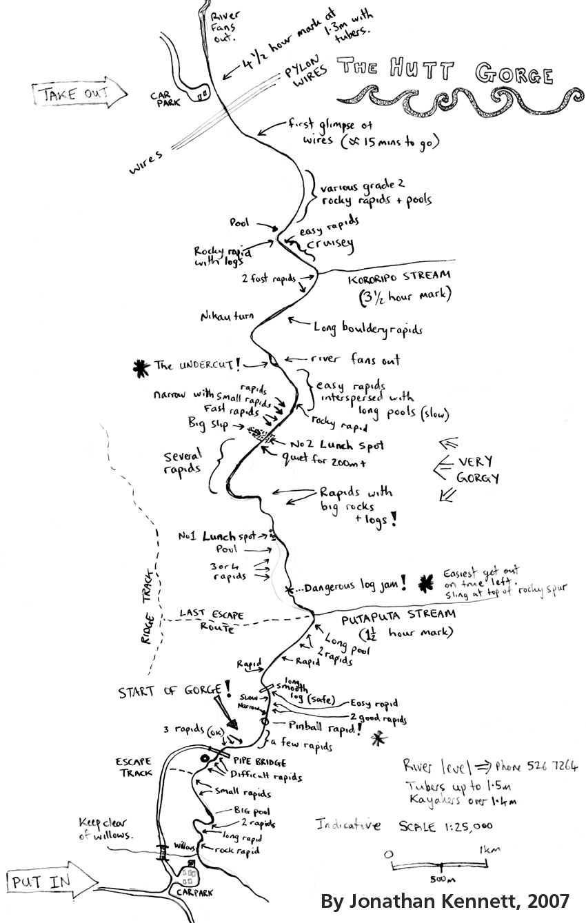 Sketch map of the Hutt Gorge for rafters and tubers
